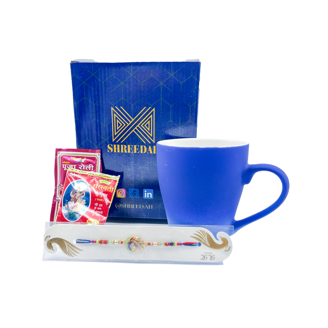 Shreedah Rakhi Combo Gift Hamper with Coffee Mug, Roli, Rice (Dark Blue Tint of White)